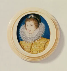 Mladý muž ve žlutém s čepcem a pérem, asi 1585-90 (čb na pergamenu)