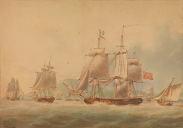 Odplouvající konvoj doprovázený fregatou [pravděpodobně "Triton" (1796)].