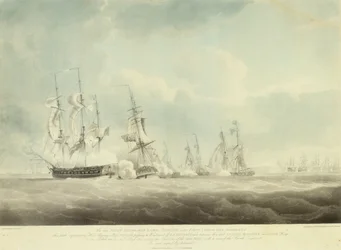 HMS "Pallas" proplouvá v závětří lodí "La Minerve" a "La Lynx", "Palinure" a "Sylph".
