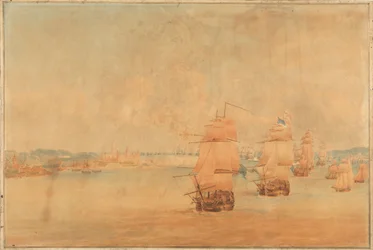 Pocock, anglické loďstvo proplouvá průlivem 28. března 1801