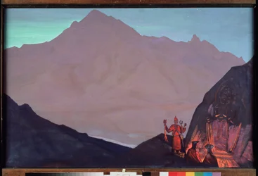 Chenrezig (Bodhidattva soucitu zasvěcený dalajlámovi nebo Avalokiteshvarovi). Západní Tibet v Himalájích. (Budhističtí mniši vzdávají hold jeho vyobrazení vyrytému na stěně himálajské hory). Obraz Nicolase (Nicholase) Roeriho