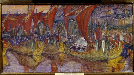 Kampaň Chersonesos od Vladimíra Velikého (nebo Světec nebo Rudé slunce, Vladimír I. Svjatoslavič z Kyjeva, 958-1015). Červené plachty. Obraz Nicolase Roericha (1874-1947), olej na plátně