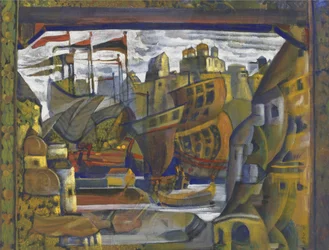 Le marche de Novgorod - Novgorodský trh. Scénografie k opeře Sadko N. Rimského-Korsakova, Roerich, Nicholas (1874-1947). Tempera na plátně