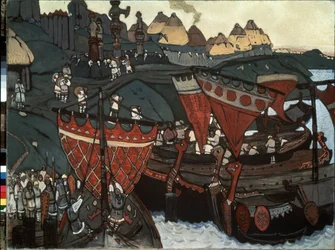 Slované na Dněpru: Varjagové (nebo Rusové) půjčující si řeku (Slované na Dněpru). Dílo Nicholase Roericha (1874-1947), tempera a pastel na kartonu