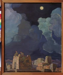 Macheski (Bělorusko). Měsíční lidé. Dílo Nicholase Roericha (1874-1947), tempera a olej na kartonu