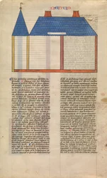 Povýšení Šalomounova chrámu, jeden ze šesti ilustrovaných listů z Postilly..., ca. 1360-1380.