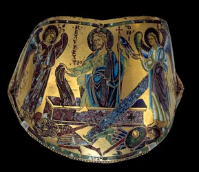 Armilla: Vzkříšení. Meuse měděný a smaltovaný slavnostní náramek. Dílna Nicolase Verduna (ca.1130/50-1205) Středověk, ca. 1170-1180. Paříž, Musee du Louvre