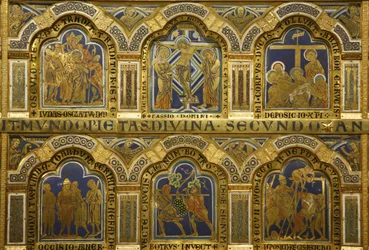 Verdunský oltář od Mikuláše z Verdunu (asi 1130/50-1205), dokončený v roce 1181, Klosterneuburg, Rakousko, smaltované desky