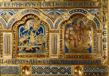 Verdunský oltář vyrobený ve zlatě a emailu od Nicolase de Verdun (cca 1130/50-1205): výjevy ze Starého a Nového zákona: detail zobrazující mrtvé opouštějící hrobku v den posledního soudu a proklaty hořící v plamenech pekla. 12. století Kl