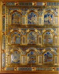Verdunský oltář vyrobený ve zlatě a smaltu od Nicolase de Verdun (cca 1130/50-1205): scény ze Starého a Nového zákona (přechod přes Rudé moře, král Melchisedech (Melchisedech nebo Melchisedech nebo Melkisedeq nebo Melki-Tsedeq nebo Melki Tsedeq) , křest Kr