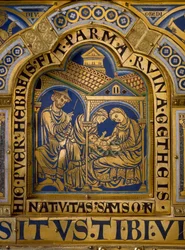 Verdunský oltář ze zlata a emailu od Nicolase de Verdun (asi 1130/50-1205): výjevy ze Starého a Nového zákona: detail znázorňující narození Samsona. 12. století, Klosterneuburg, Vídeň, Rakousko