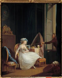 Frivolní láska Muž objevuje hruď mladé ženy, která spí na její hrudi. Obraz Niklase Lavreince (1737-1807). Paříž 18. století. Muzeum Cognacq Jay