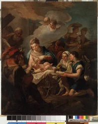 ""Klanění Ježíška"" (Klanění Ježíška) Obraz Nicoly Grassi (1682-1748) Mikalojus Konstantinas Ciurlionis Museum of Fine Arts z 18. století, Kaunas, Litva