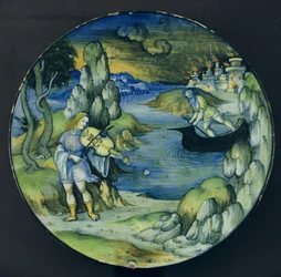 Orfeus a Cháron, Maiolika, cca 1515 (keramika)