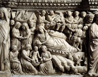 Gotické umění a architektura: Navštívení a Narození - detail basreliéfů mramorové kazatelny, kterou Nicola Pisano (1215/20-1278/84) vytvořil mezi lety 1266 a 1268 (detaily mramorové kazatelny, Navštívení a Narození), katedrála Notre-Dame-de-l