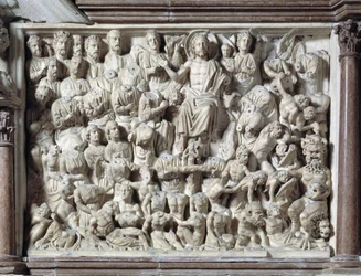 Poslední soud. Křeslo vytvořené Nicolou Pisanem, 1215/20-1278/84. 1260. Baptisterium svatého Jana v Pise, Itálie
