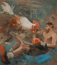Boxer s kohouty, 2018 (olej na plátně)