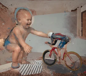 Dětský cyklista II, 2023 (olej na mědi)