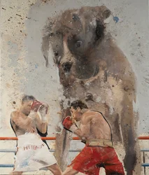 Tři boxeři II, 2023 (olej na plátně)