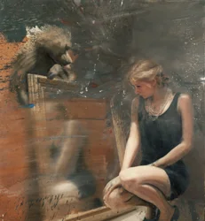 Žena v zrcadle s paviánem, 2019 (olej na plátně)
