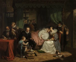 Princ William I. ošetřoval svou manželku Charlotte de Bourbon po neúspěšném pokusu o jeho život od Jean Jaurequi v Antverpách v roce 1582