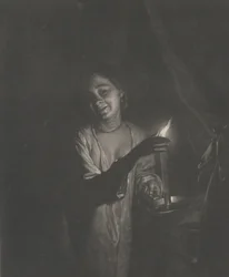 Mladá žena držící svíčku v ložnici, 1690-1715., 1690-1715.