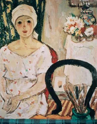 Žena v interiéru, Nicolae Tonitza (1886-1940), olej na kartonu. Rumunsko, 20. století.