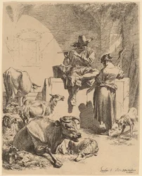 Pastýř sedící na fontáně a kolotoč, 1652.