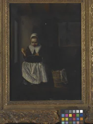 Dívka šijící (olej na dřevě)