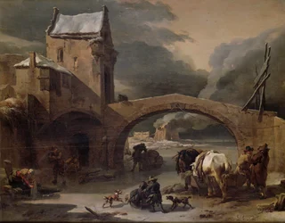 Zimní krajina s rolníky a koňmi na zamrzlém kanálu u opevněného mostu, kolem 1660-70 (olej na panelu)