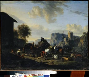 ""Zbytek konvoje"" (Zbytek konvoje) Skupina cestujících pastýřů zastavujících se na silnici. Obraz Nicolaese (Claese) Pietersze Berchema staršího (1620-1683) Státní skanzen ze 17. století Palác Gatchina, Petrohrad