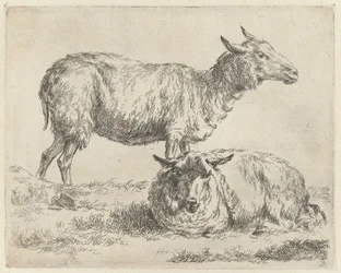 Staand en liggend schaap Schapen (název série) Zvířata oživená a vytištěná vodou pro silný vzduch od Studio and Art of Nicolai Berchem (název série)