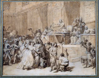 Francouzská revoluce: Národní konvent nařizuje zrušení otroctví v koloniích dne 4. 2. 1794 (16 Pluviose An II) v Paříži. Kresba tuší od Nicolase Andre Monsiau (1754-1837) Sun. 0,26x0,33 m Paříž, Musee Carnavalet