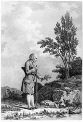 Jean-Jacques Rousseau (1712-78) Gathering Herbs at Ermenonville, červen 1778, vyryl Louis Michel Halbou (b.1730)