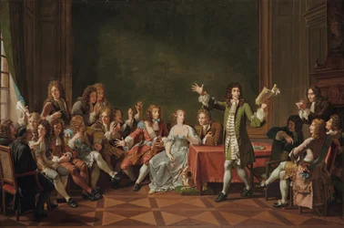 Molière Reading Tartuffe v domě Ninon de Lenclos