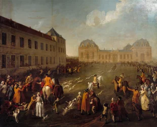 Hallali jelena ve Velké stáji Chantilly (13. září 1776). Obraz Anne Nicolas Dubois (1759 -?)