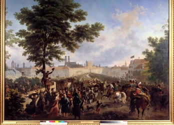 Vchod francouzské armády pod velením císaře Napoleona Bonaparte (1769-1821) v Mnichově, obraz 24. 10. 1805 od Nicolase Antoina Taunaye (1755-1830) 19. století. Ztlumit. 1,8x2,2m.