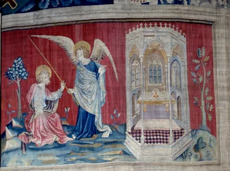 Vising of Revelation (1373 -1383), n. 27: Svatý Jan a anděl. Tapiserie od Nicolase Bataille (1330-1405)
