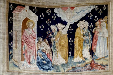 Vising of Revelation (1373 -1383), n. 28: zázrak. Boží služebníci a proroci Fidele se dívají na řeku proměněnou v krev. Tapiserie od Nicolase Bataille (1330-1405)