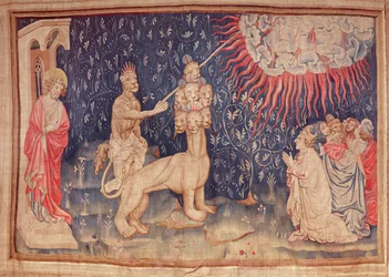 Šelma ze země nechává padat oheň z nebe, z tapisérie Apokalypsy z Angers, 1373-87