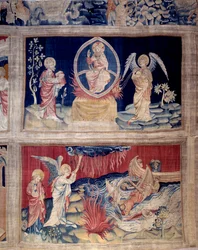 Opona Zjevení (1373 -1383), č.p. 15 a 18: Bůh a svatý Jan pláčou, když vidí neštěstí. Tapiserie od Nicolase Bataille (1330-1405)