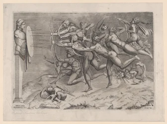 Nazí lučištníci střílející na terč připevněný k hermě, pod ním spí Amor, možná ..., kolem 1540-60.