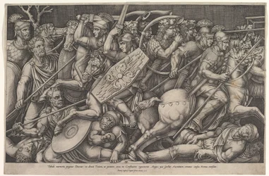 Římští vojáci bojující proti Dákům, bitevní scéna v mělké hloubce s koňmi a hor..., 1553.