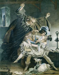 Esmeralda, Phoebus a Claude Frollo (Notre-Dame de Paris) od Victora Huga. Ilustrace Nicolase Eustacha Maurina, 1799-1850. Soukromá sbírka