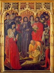 Triptych Vzkříšení Lazara, ústřední panel Lazara vstávajícího z rakve, 1461