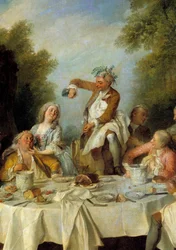 Snídaně se šunkou. Scéna z venkovského banketu kolem šunky ve šlechtě. Detail. Obraz Nicolase Lancreta (1690-1743) 1735. Slunce 1,8x1,2 m Chantilly, muzeum Conde