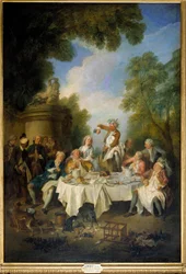 Scéna se šunkou, oběd venkovské hostiny kolem šunky mezi šlechtou. Obraz Nicolase Lancreta (1690-1743), 1735. V. 1,8 x 1,2 m, Chantilly, Musée Condé