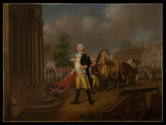 Generál Humphreys přináší standardy přijaté v Yorktownu do Kongresového sálu (Philadelphia)
