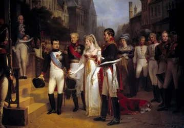 Císař Napoleon Bonaparte (1769-1821) přijal 6. 7. 1807 královnu Luisu Pruskou v Tilsitu (Tilsitt). Na schodech čeká diplomat Talleyrand. Obraz Nicolase Louise Gosse (1787-1878) 1837 Ne. 3,51x4,92 m Versailles, musee du Chateau - The