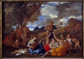 Bacchanale kytaristovi nebo skvělý Bacchanale Painting od Nicolase Poussina